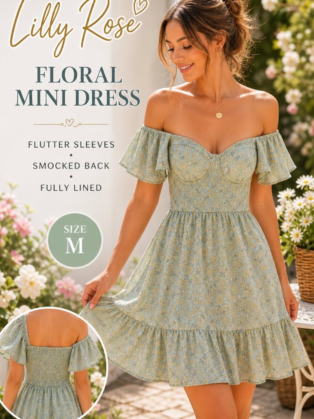 Lilly Rose Light Sage Green Floral Mini Dress Puff Sleeve Cottagecore Size M